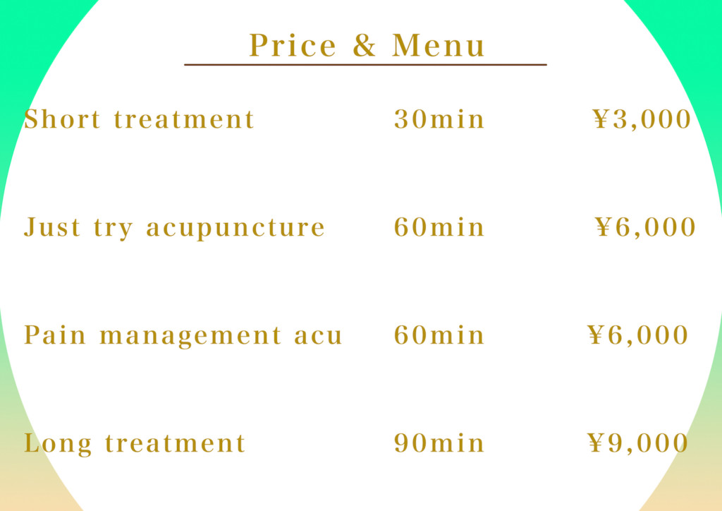 Price & menu list about acupuncture treatment in Harinabis Kobe 
